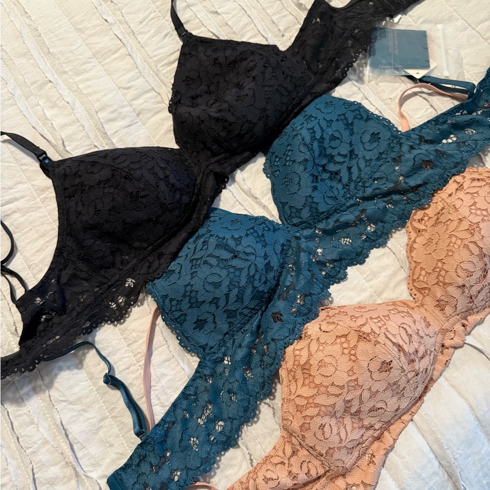 NWT 34C Nursing Snap Elegant Lace Bralette Set - Black, Teal, and Peach Set